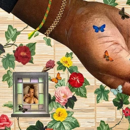Mixed media collage featuring a hand with butterfly motifs against floral wallpaper beside a framed miniature portrait.