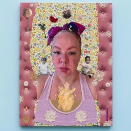 Mixed media portrait collage by Genevieve Gaignard featuring a woman with pink headscarf against a tufted pink and floral background