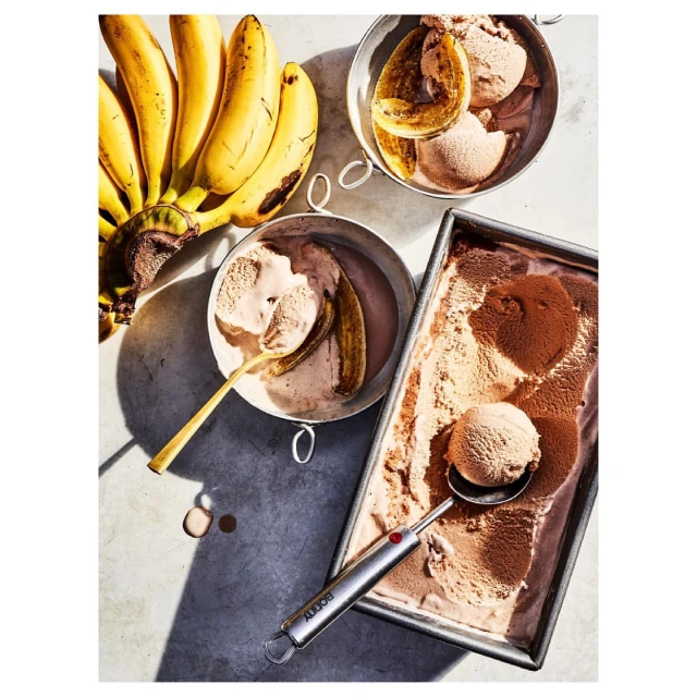 Overhead shot of chocolate ice cream with bananas, featuring both whole bananas and grilled banana halves as ingredients and toppings.