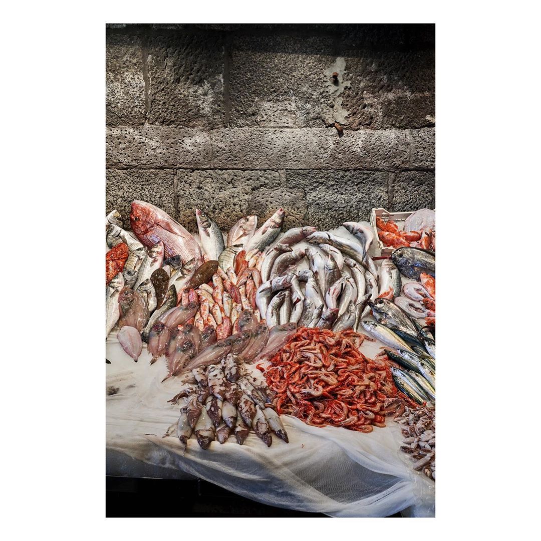 An array of fresh seafood displayed on a table against a stone wall, featuring various types of fish and shellfish.