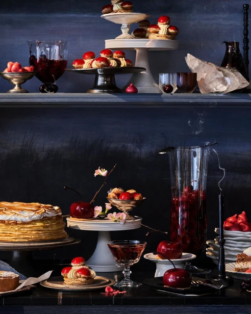 Still life of cherry-topped pastries, cakes, and beverages arranged on tiered stands against a dark background, evoking a moody atmosphere.