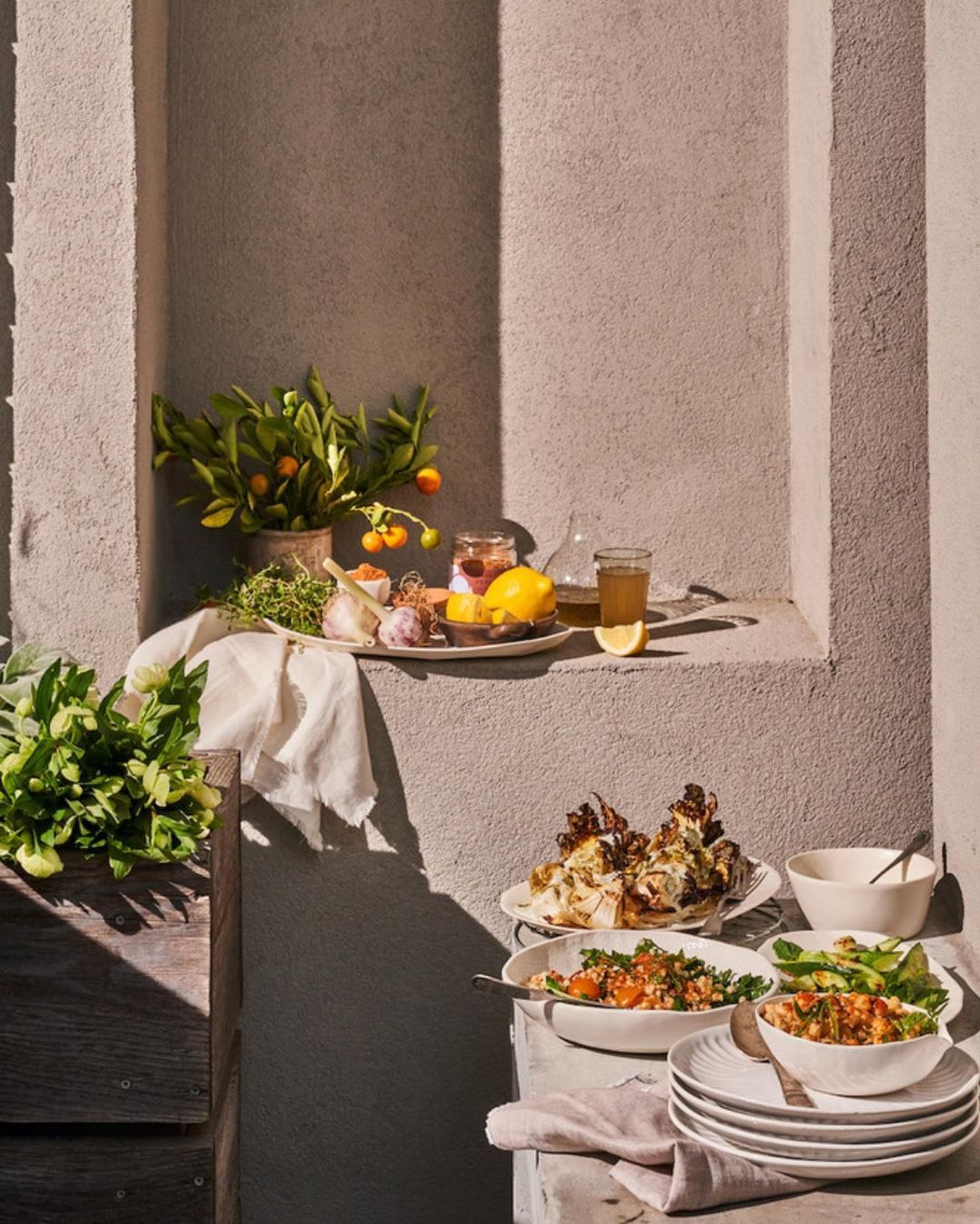 Still life of prepared salads, ingredients, citrus fruit, garlic and herbs on a grey table surface in a sunlit indoor setting.