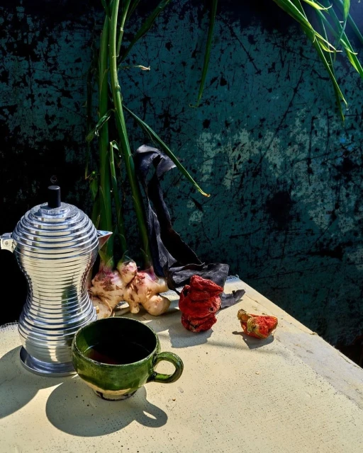 Still life of a silver moka pot and green cup with ginger root and sprouts, set against a textured teal and black background.