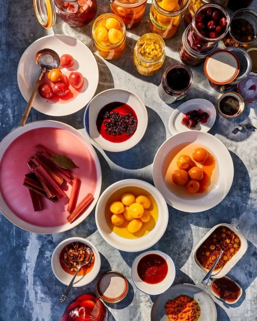 Overhead shot of various homemade canned fruits and preserves in glass jars and bowls on a mottled gray surface, illuminated by bright lighting.