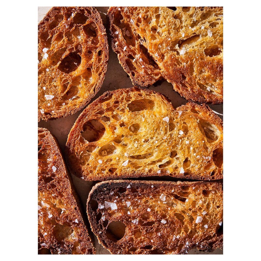 Overhead shot of toasted bread slices seasoned with coarse salt, showcasing golden-brown crusts, open crumb structure, and artisanal baking.