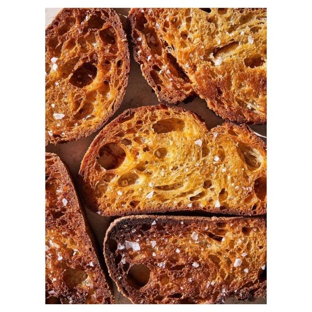 Overhead shot of toasted bread slices seasoned with coarse salt, showcasing golden-brown crusts, open crumb structure, and artisanal baking.