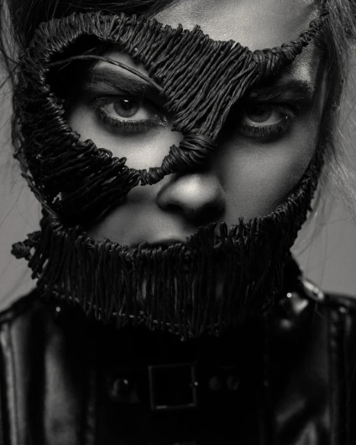 Striking black and white portrait of a woman with intricate thread mask, eyes focused, in a studio setting with soft lighting.