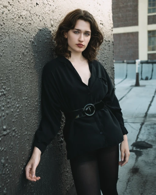 A woman poses against a textured gray wall outdoors wearing a black top, belt, and tights in a medium shot with natural lighting.
