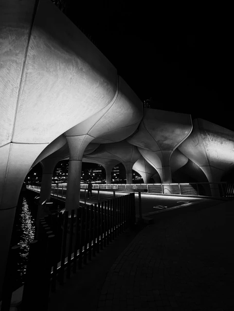 Black and white photo of the Little Island park in New York City, featuring its unique architecture and illuminated pathway along the water.
