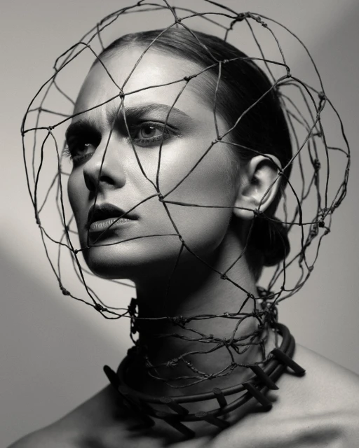 Monochrome portrait of a woman with artistic headpiece and statement necklace, captured in a studio with soft, diffused lighting.
