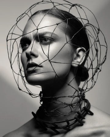 Monochrome portrait of a woman with artistic headpiece and statement necklace, captured in a studio with soft, diffused lighting.