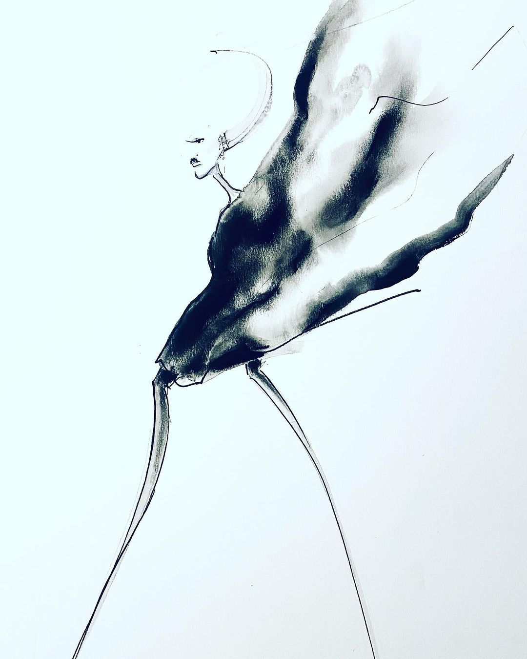 Fashion illustration in black ink on white background showcasing a woman in a flowing gown with a unique, artistic, and minimalist aesthetic.