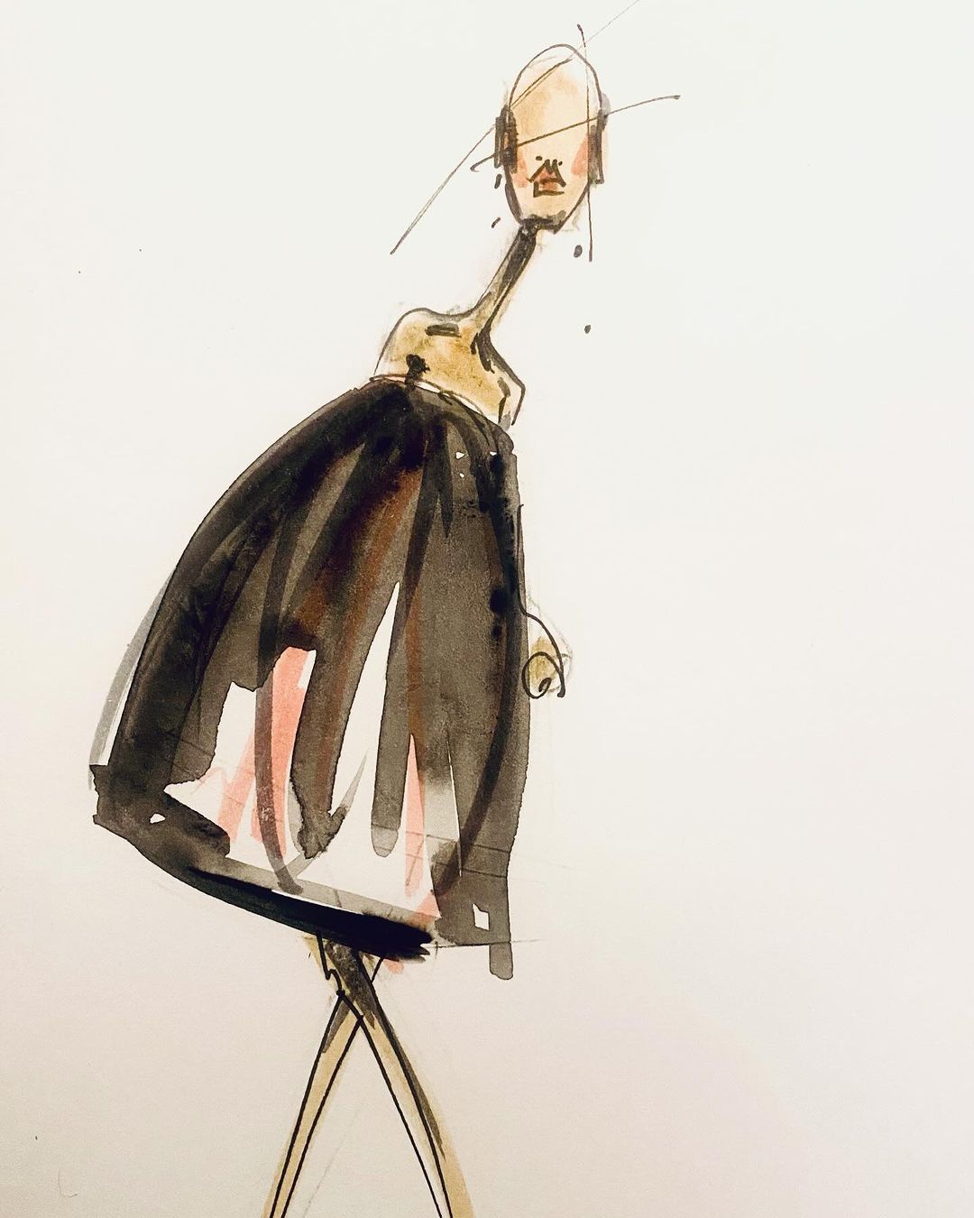 Illustration of a slender figure in a long black skirt and cream-colored top, depicted in watercolor on a white background.