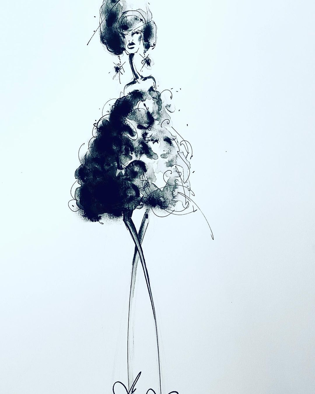 Ink illustration of a slender fashion figure with an afro and dress made of smoky watercolor splashes on a white background.