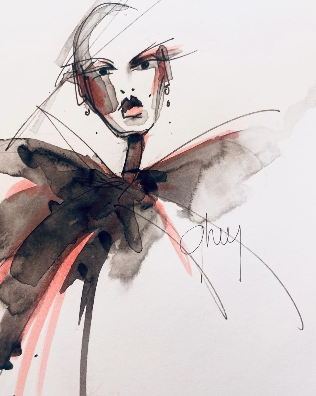 Fashion illustration featuring an abstract portrait of a woman with strong features, black and red accents, and a white background.