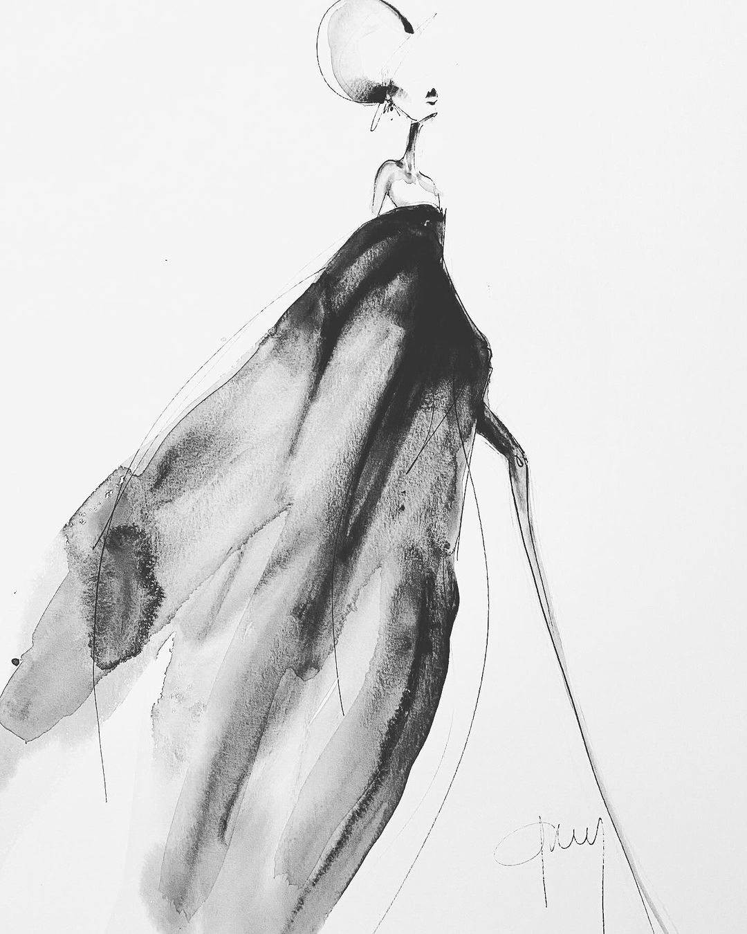 Black and white fashion illustration of a woman in a black dress with a large headpiece on a white background.