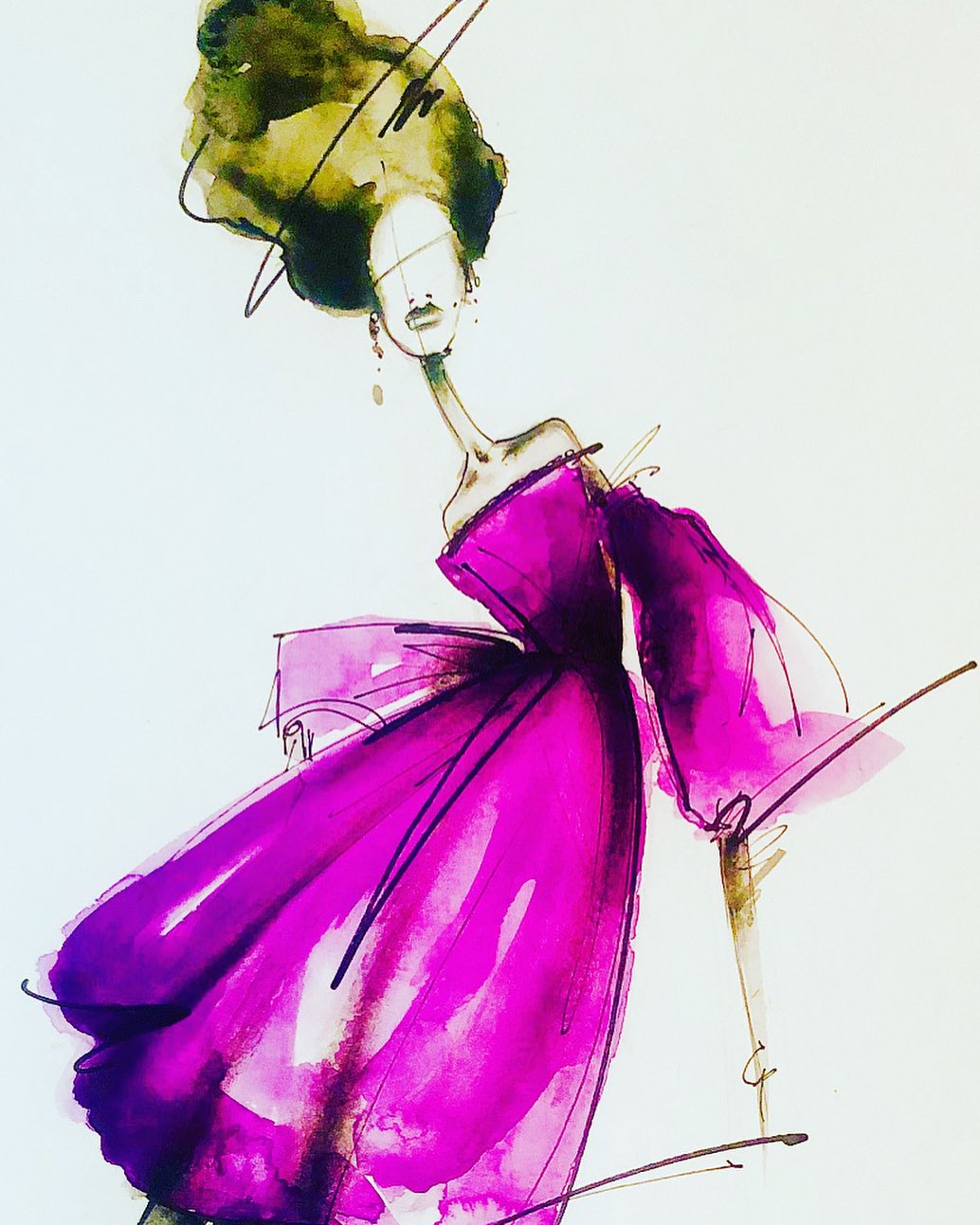 Fashion illustration of a woman in a vibrant pink dress and stylized green hair, blending elegance and artistic flair on white.