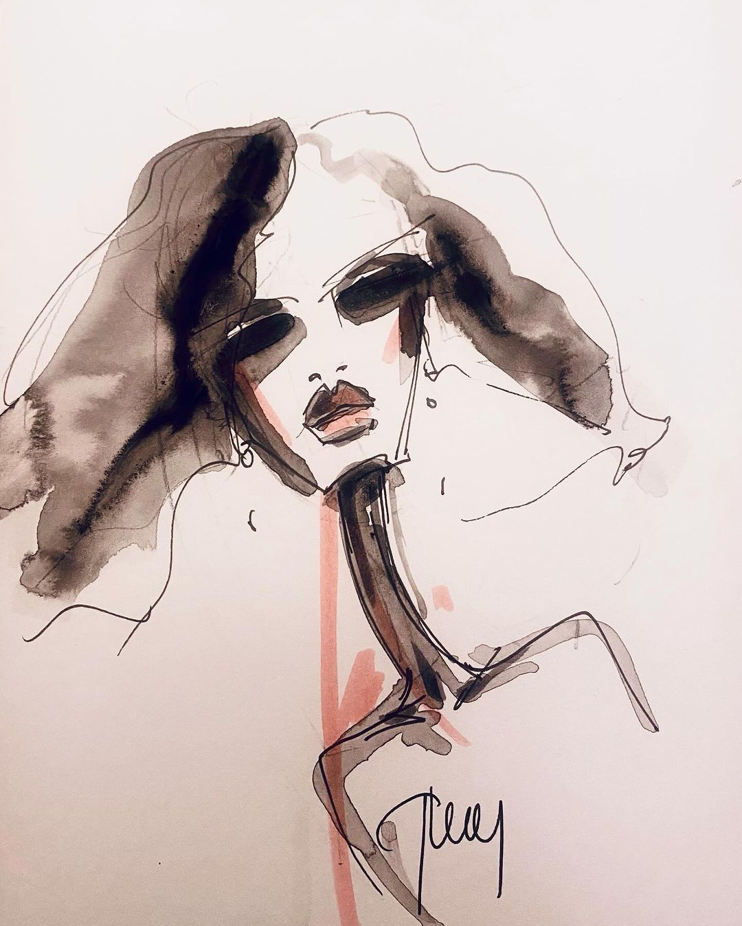 Fashion illustration featuring an adult female face with dark eyes, makeup, and hair, rendered in black ink and watercolor style.