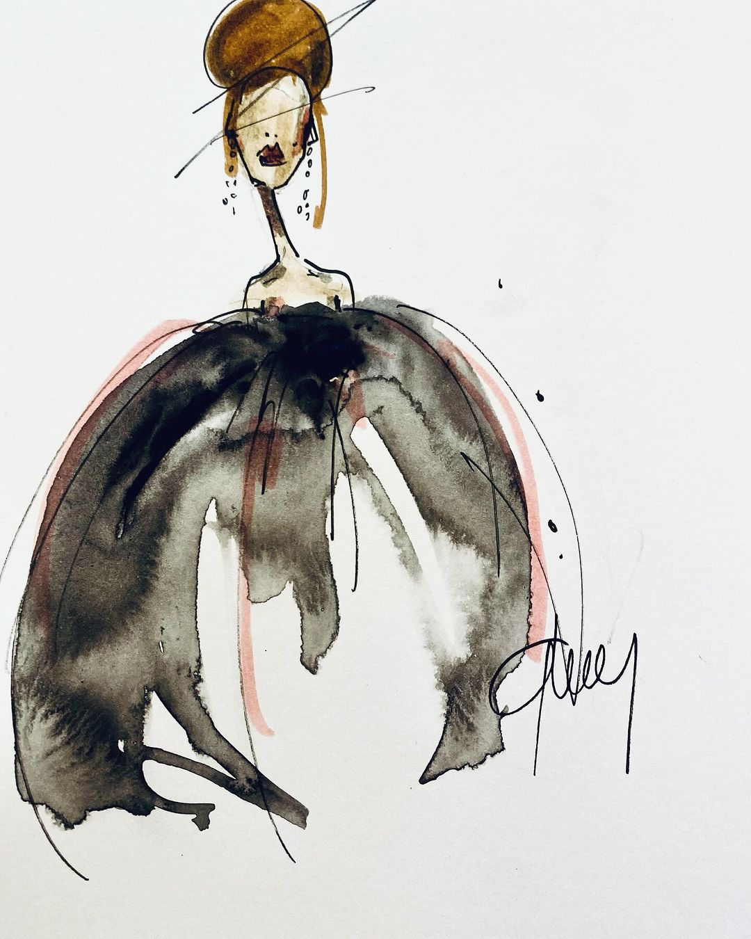 Fashion illustration of a slender woman in a large gown, with brown hair in an updo, against a white backdrop.
