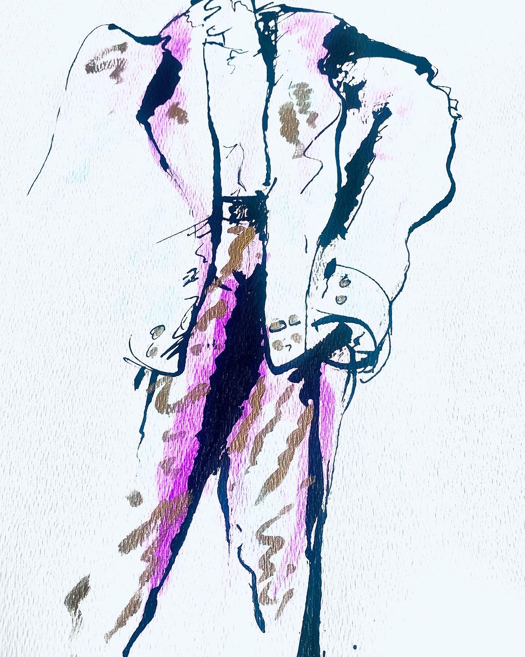 Fashion illustration of a suit in pink, gold, and black with a white background, created with painting and drawing techniques.