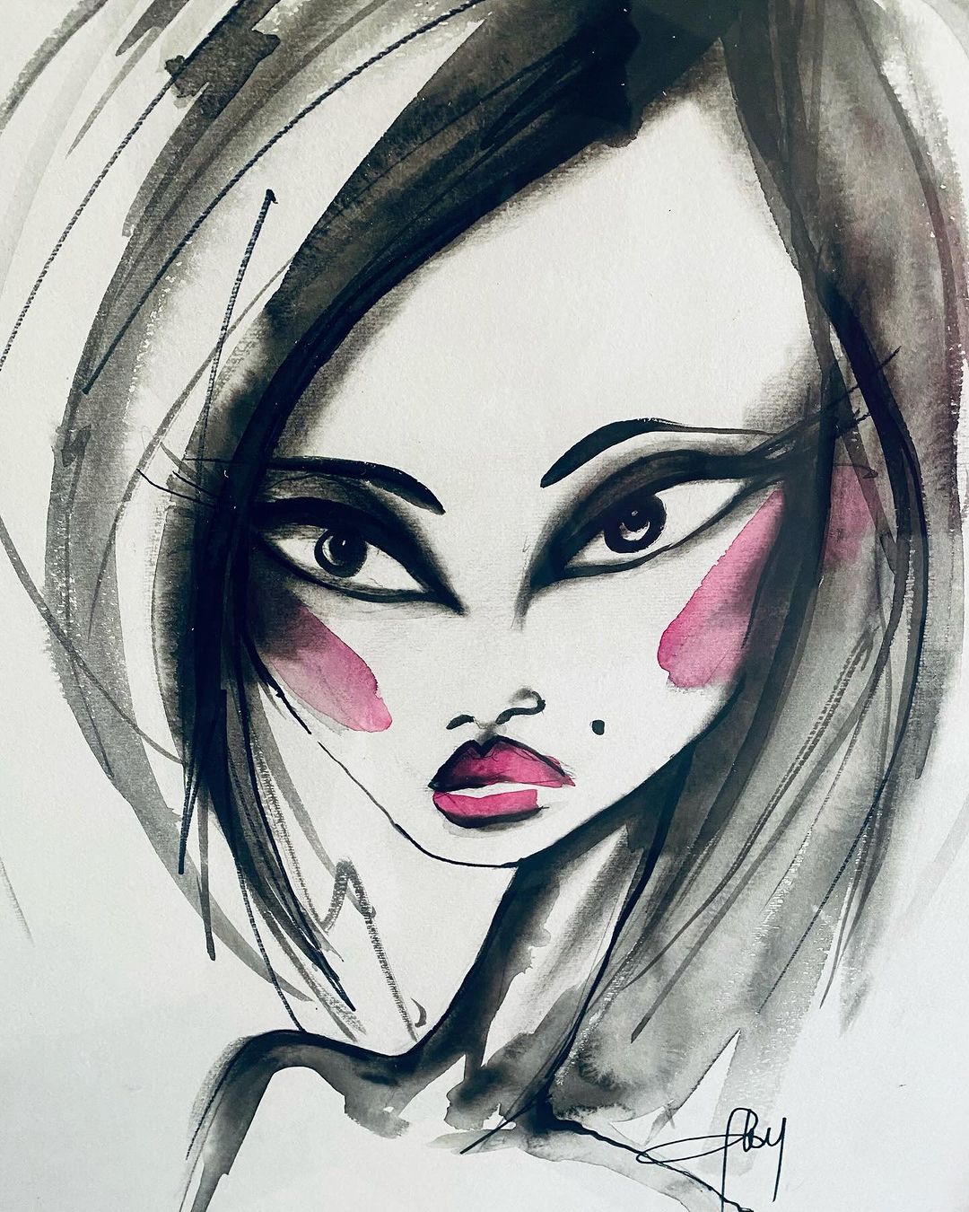 Watercolor painting of a woman's face featuring stylized features, pink blush and lips, and black ink lines for hair and definition.
