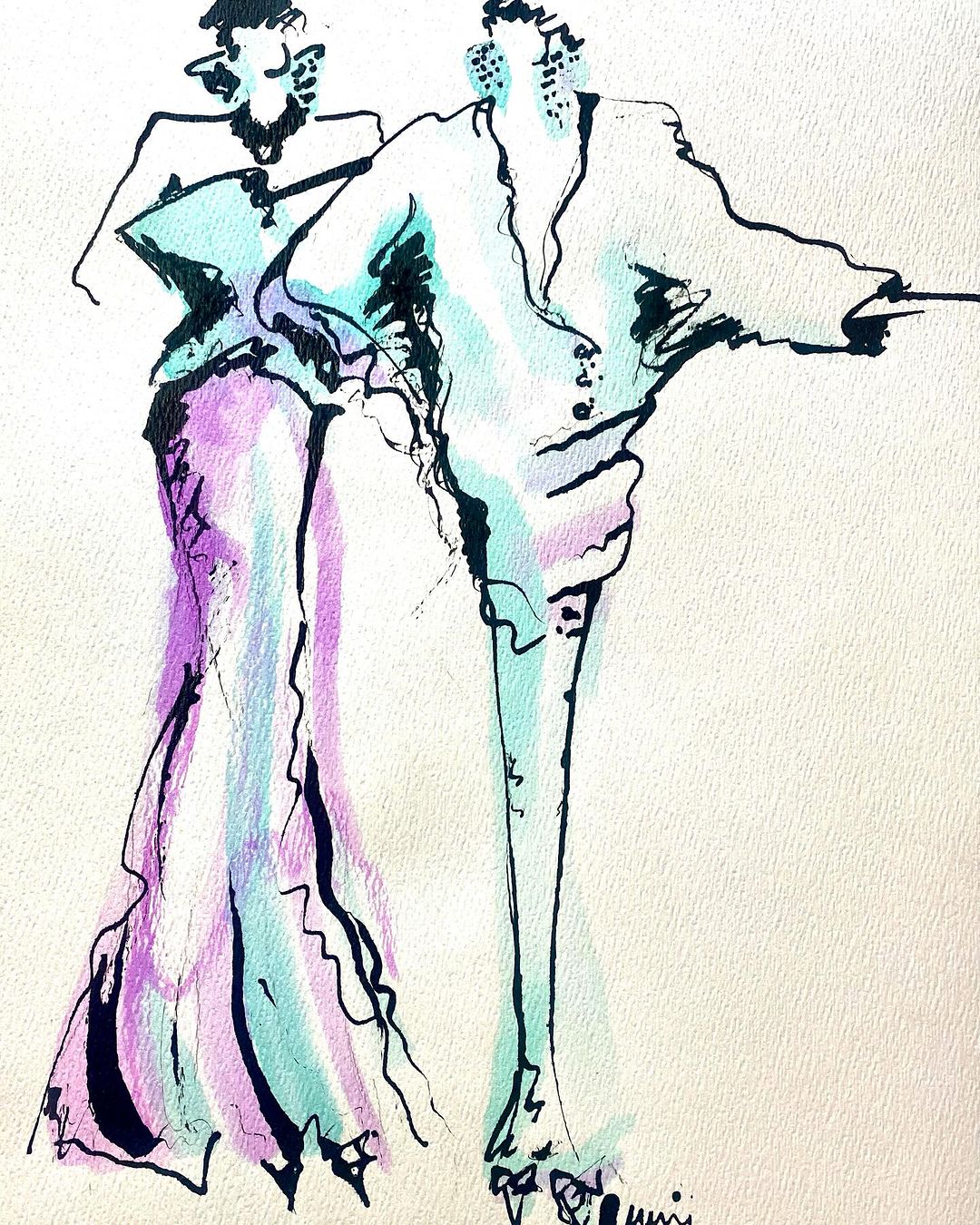 Fashion illustration of two adults, a woman in a long gown and a man in a suit, rendered in shades of purple and turquoise.