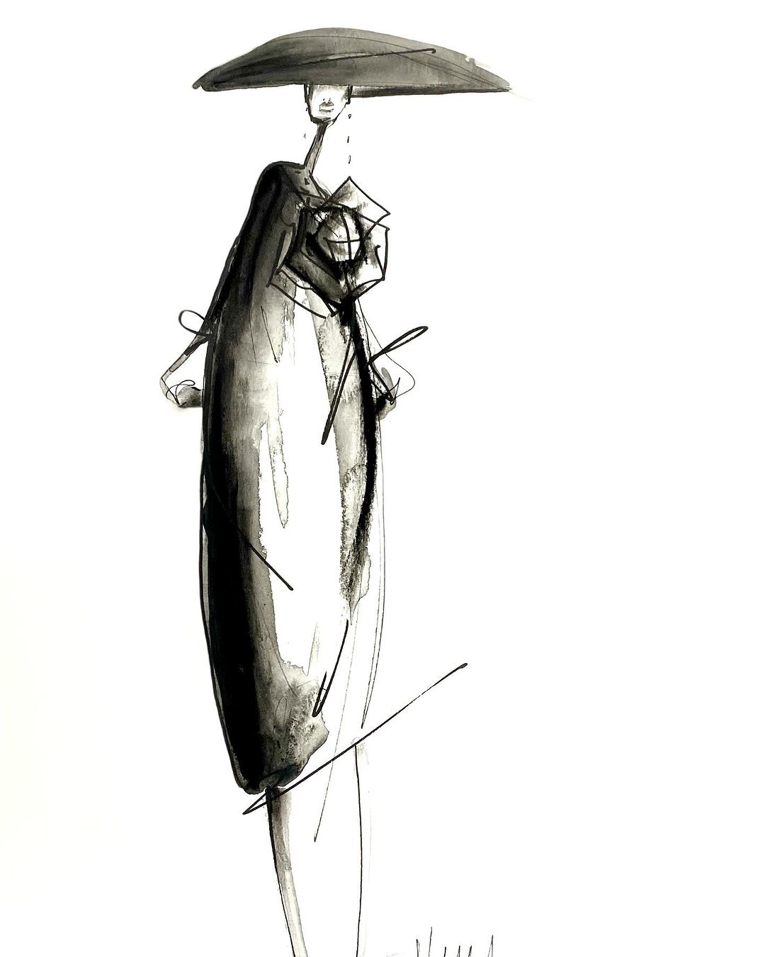 Illustration of a person with a large hat and flowing dress, depicted in an ink wash style against a white background.