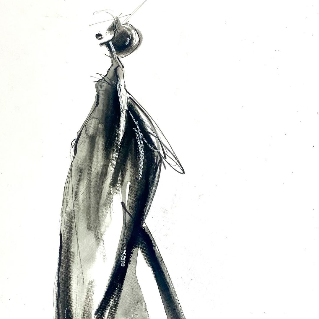 Fashion illustration of a slender, elegant woman in a dark gown, created with expressive brushstrokes and dynamic shading against white.