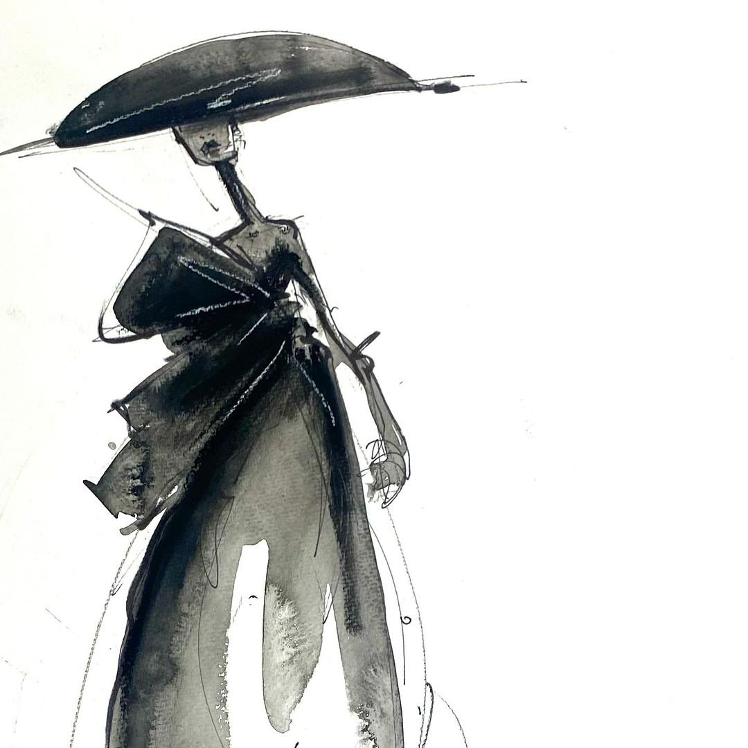 Fashion illustration of a slim adult female wearing a wide-brim hat and dress, rendered in a black and white ink wash.