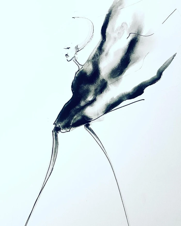 Fashion illustration in ink featuring an expressive profile figure in a flowing dark garment against a white background.