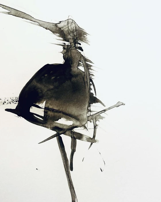 Abstract ink illustration by Geoffrey Henning featuring dark fluid marks on a plain white paper background