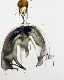 Fashion illustration of a stylized figure wearing a dark voluminous skirt and hat against a white paper background
