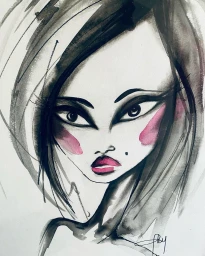 Watercolour and ink illustration of a woman portrait with expressive black eyeliner and pink blush by Geoffrey Henning