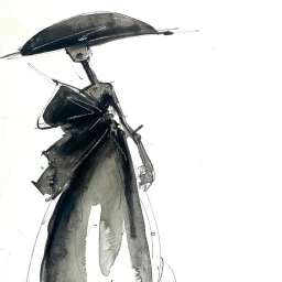 Fashion illustration of a figure in a wide black hat and flowing dark gown by illustrator Geoffrey Henning.
