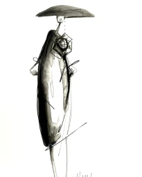 Fashion illustration by Geoffrey Henning of an elongated figure wearing a wide-brimmed hat and dark coat against a white background.