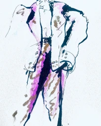 Fashion illustration by Geoffrey Henning featuring a figure in an oversized blazer and patterned trousers against white background.