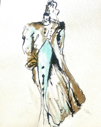 Fashion illustration by Geoffrey Henning featuring a stylized figure in a structured coat with ink linework and watercolor washes.