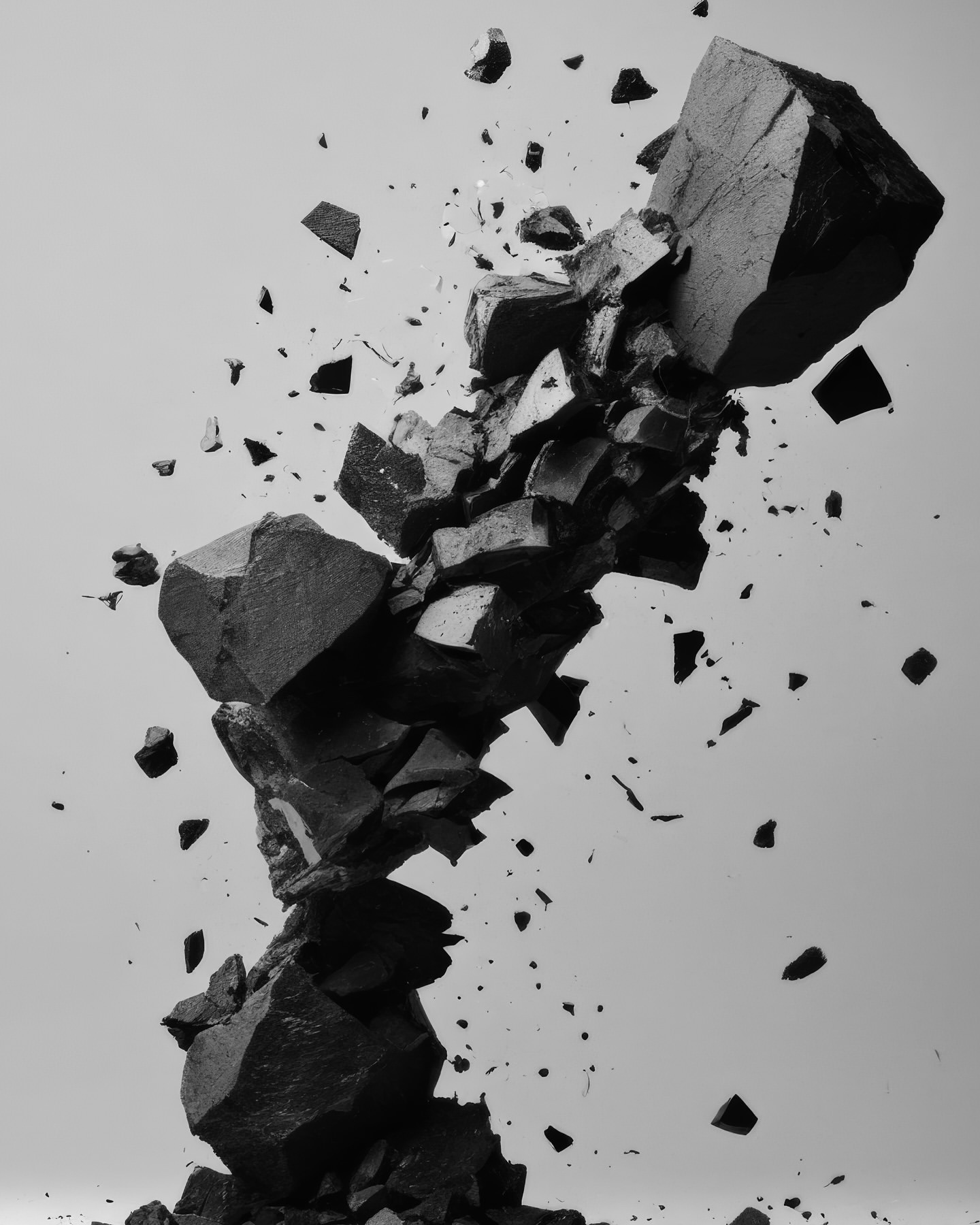 Dramatic monochrome shot of shattered black rock, fragments suspended mid-air against a light background, creating a dynamic abstract composition.