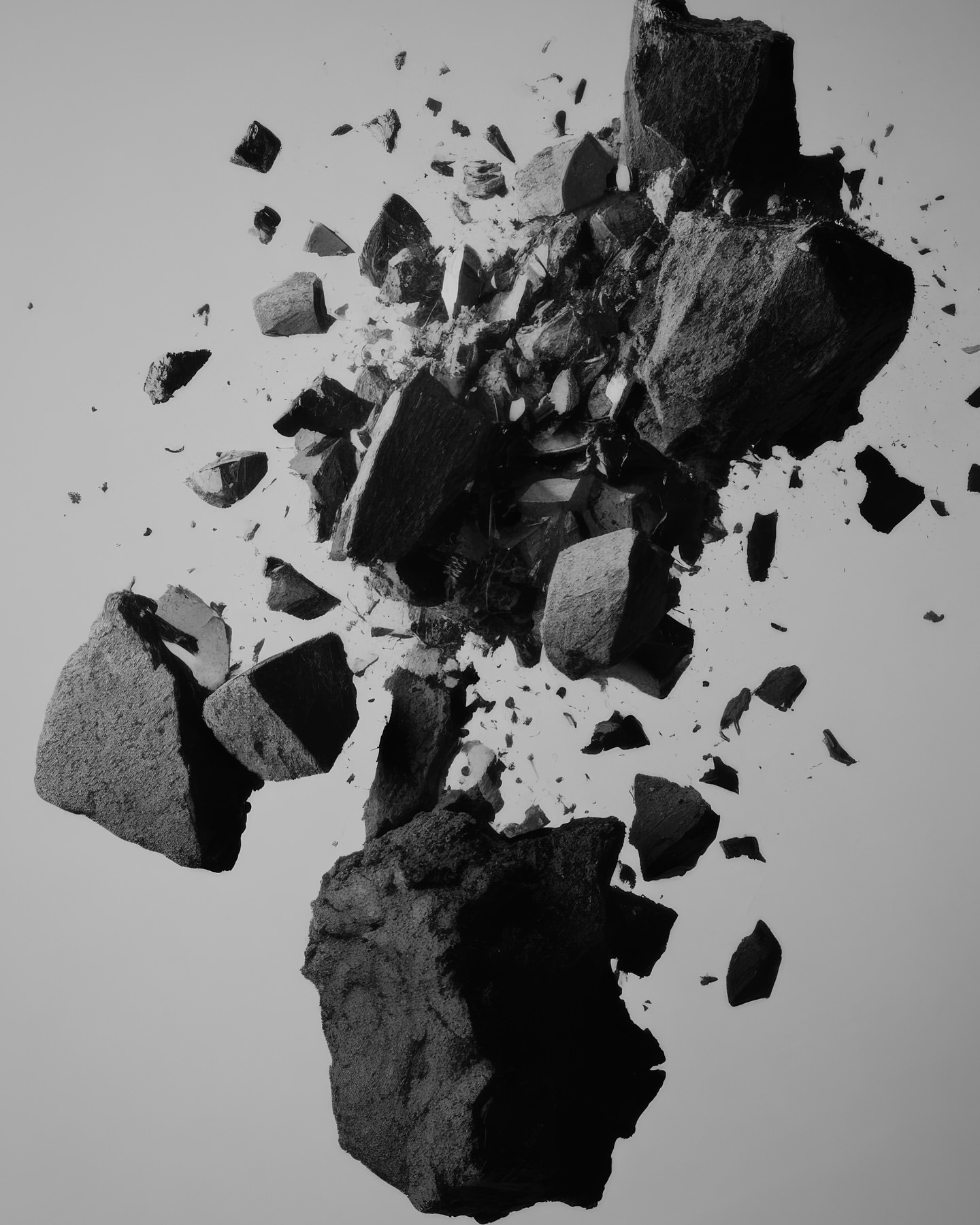 Dramatic studio shot of a pile of dark rocks against a light backdrop, creating a stark contrast and highlighting textures.