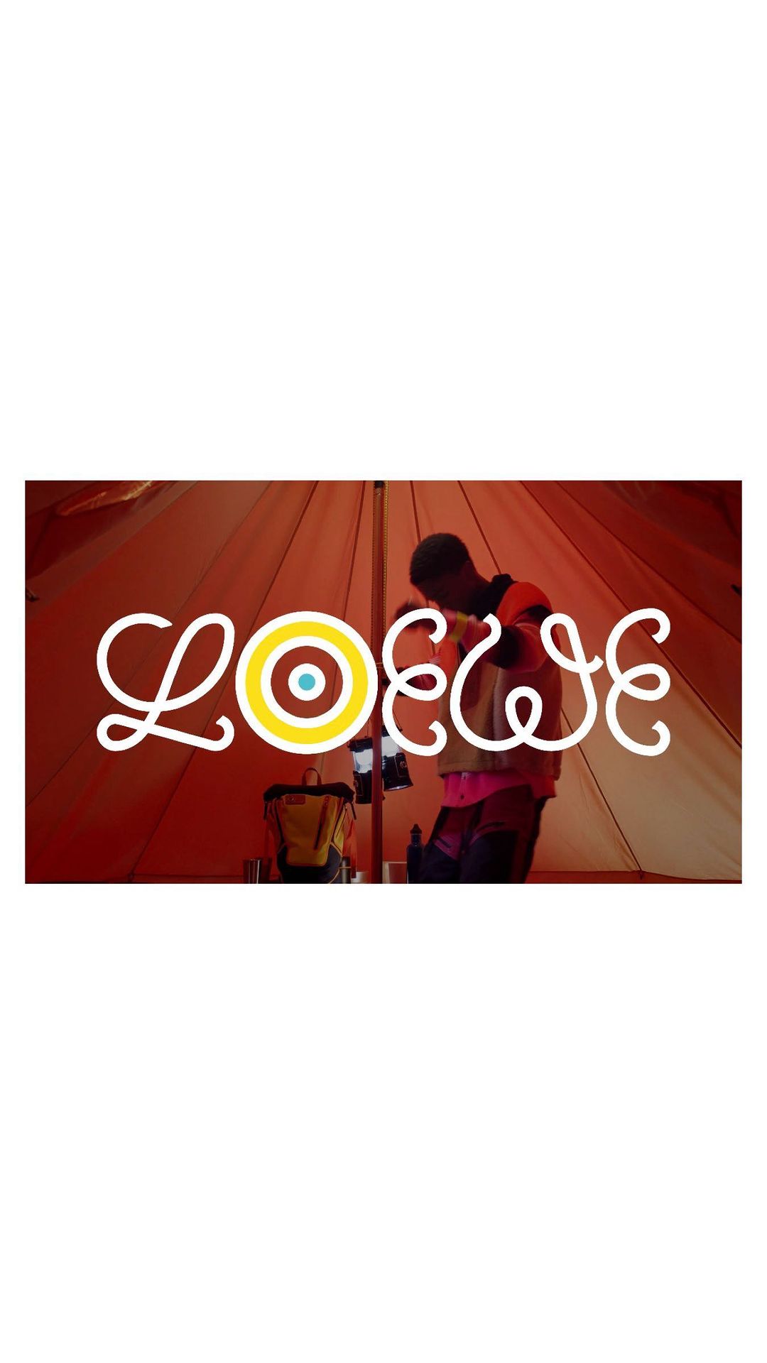 Loewe branded image showing a Black male preparing gear inside of a camping tent with a tan and brown color scheme.