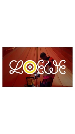 Loewe branded image showing a Black male preparing gear inside of a camping tent with a tan and brown color scheme.