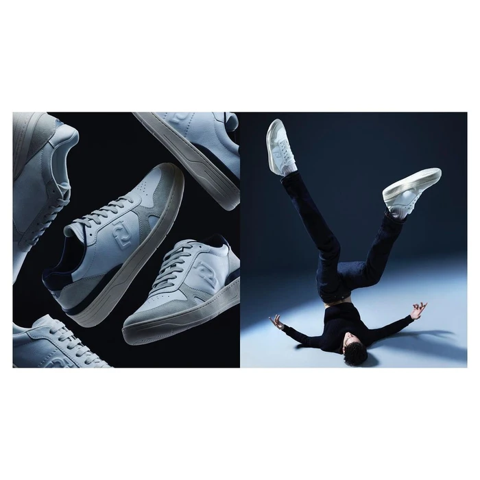 Diptych image featuring white sneakers arranged against a black background on the left and a person doing a handstand on the right.