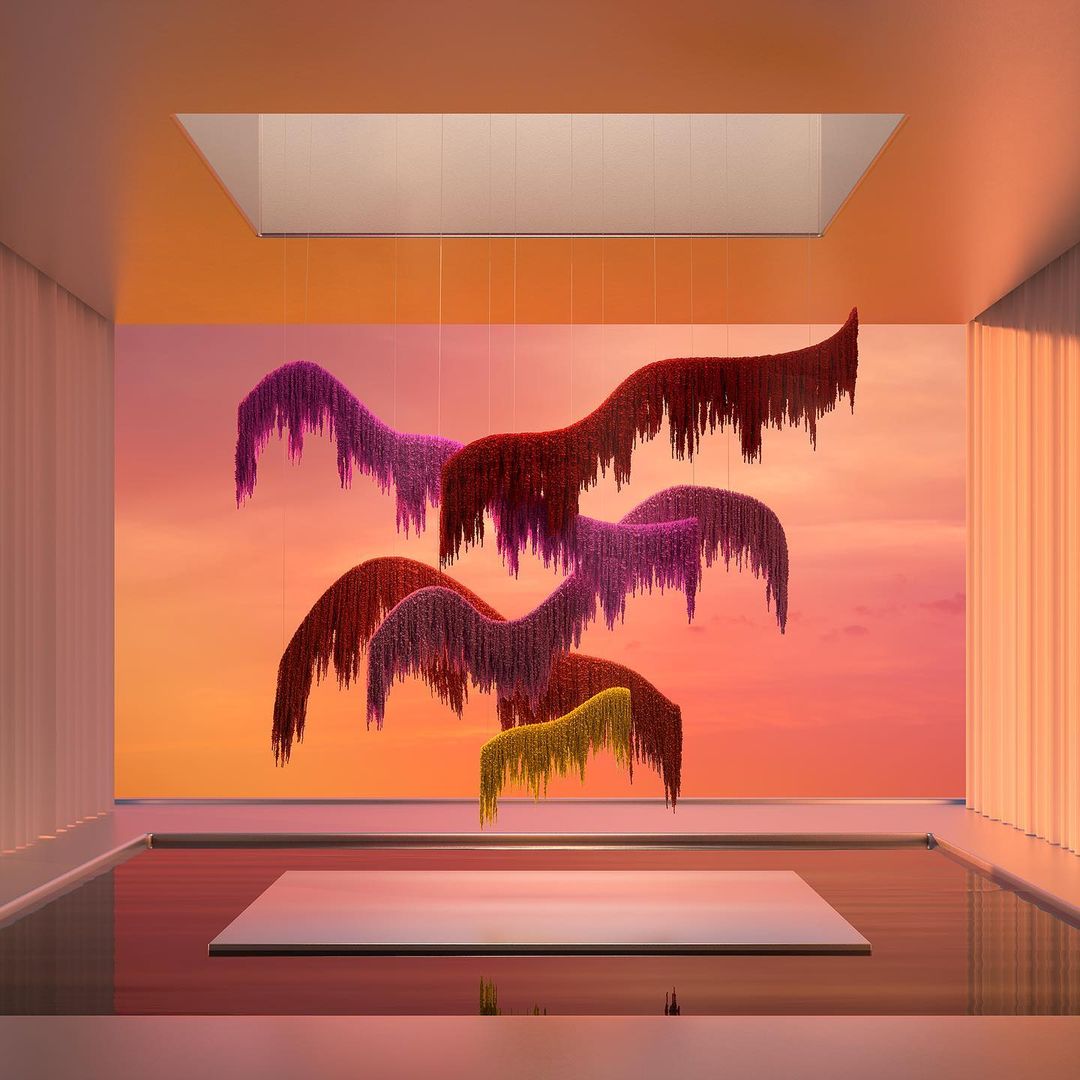 Indoor space features colorful, cascading floral art suspended over a reflective floor, illuminated by soft light and sky backdrop.
