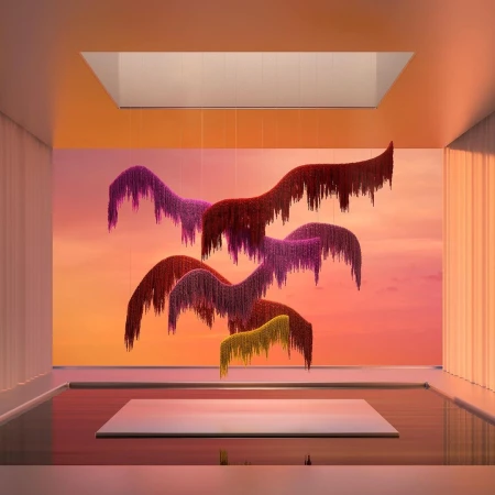 Indoor space features colorful, cascading floral art suspended over a reflective floor, illuminated by soft light and sky backdrop.