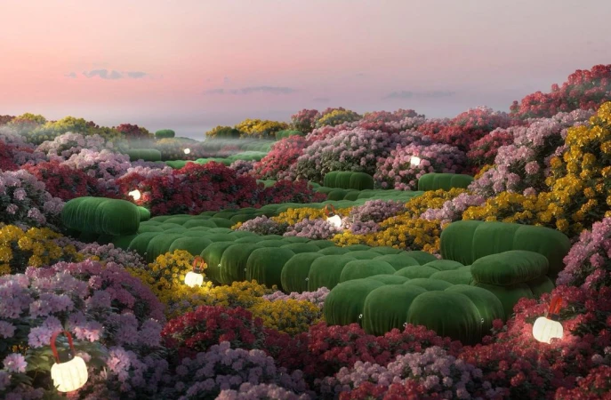 Scenic landscape with dense clusters of colorful flowers surrounding a row of green cushion-like shapes illuminated by glowing lanterns.