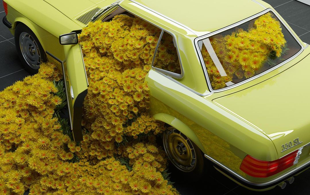 Overfilled vintage car with yellow flowers, creating a surreal botanical automotive still life, emphasizing color and texture contrasts.