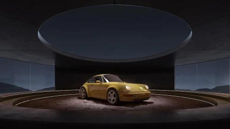 A classic yellow sports car parked on a circular platform inside a dark concrete showroom with an overhead circular skylight.