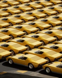 An overhead view of numerous identical vintage yellow sports cars parked tightly together on asphalt.