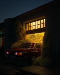 Red vintage car parked in front of a dark building with dense overgrown foliage and glowing warm interior window light