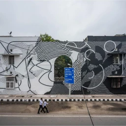 Two pedestrians walk past a building facade featuring large-scale black and white abstract mural artwork by Georgia Hill.